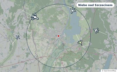 Mapa okolic miasta z sylwetkami samolotów — Niebo nad Szczecinem